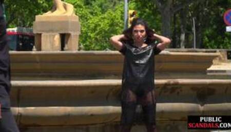 Public babe deepthroating outdoor while spanked in 3some