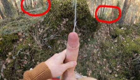 Risky cumshots in forest with people around!