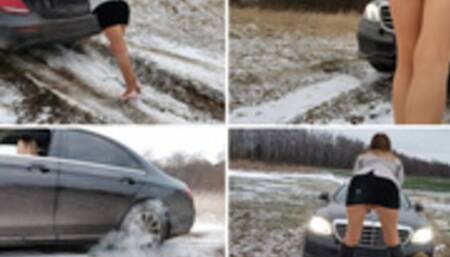 EXCLUSIVE: Russian girl makes crazy drift, hard revving & got hard stuck in mud and snow in luxury Mercedes E-class