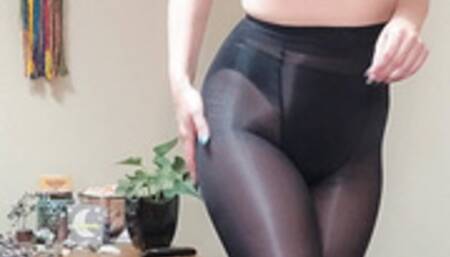 Black Shiny Oil Pantyhose Mistress Makes you lock up in Chastity