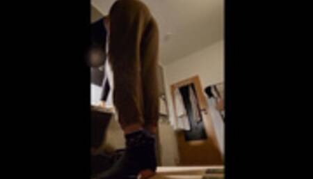 Sockjob trampling in black socks on cock table and foot worship until I cum