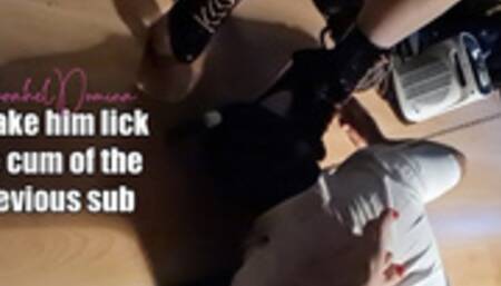 I make him lick the cum of the previous sub