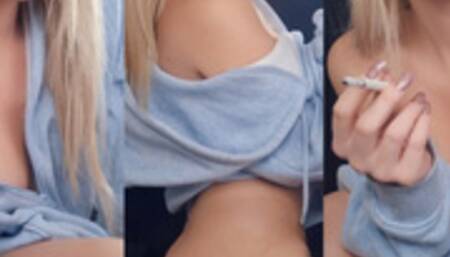 Smoking in a baggy hoodie and nothing else ~ Miss Kiki