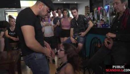 Public BDSM slut whipped and humiliated in front of voyeurs