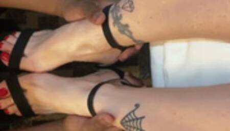 Milf strap stiletto heels removal, caressing, massaging feet, red nails