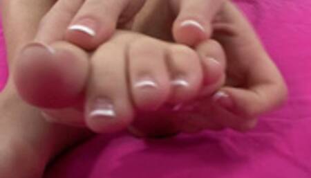 blond petite girl like cum on her feet with french manicure after good fucking