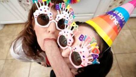 Stepmom and stepaunt gives the most amazing birthday blowjob to stepson