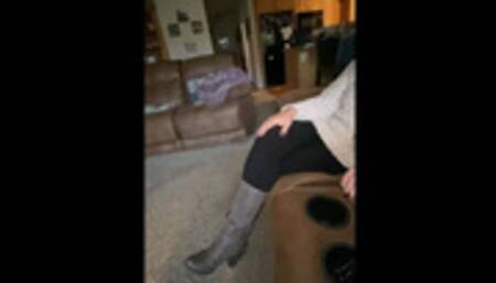 Deb Leaves for Work Wearing Cum Filled Gray Worthington High Heel Boots with Black Pants Tucked with Candid Views of Her Coming Home (10-25-2021)