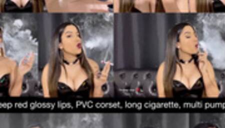 Deep red glossy lips, PVC corset, long white cigarette, multiple pumps close up!