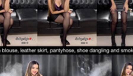 Silk satin blouse, leather skirt, black pantyhose, red soles stilettos! Includes shoe dangling and smoking!