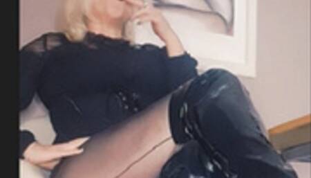 Mistress Joan smokes 2 Vogue slim chain for you today*PVC,Vinyl Boots*spit*Human Ashtray Fantasy*