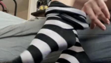 Striped thigh high stocking removal, ass and soles show, milf feet, red toes
