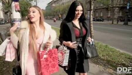 Kira Queen and Misha Maver grey coloured sofa lesbian scenes and lesbian dildo scenes