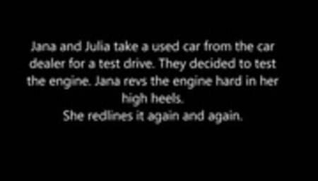 Jana and Julia revving car from dealership in heels