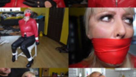 Big busy blonde milf in leather bondage - Chair tied and tape gagged