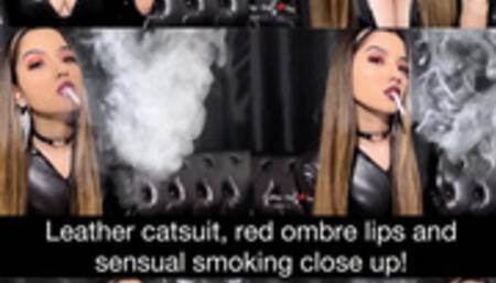 Leather catsuit, red ombre glossy lips and sensual smoking close up!