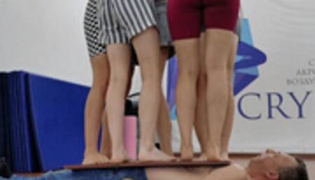 Occasional multitrampling training (Part 2): heavy girl stomping to abdominal pain & tap-dancing and jumping on men