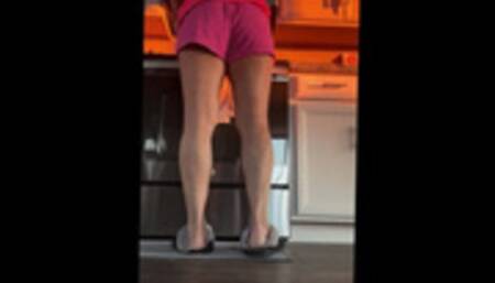 Pink Short Shorts Slippers and Barfeet Chores