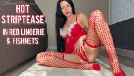 Hot striptease in red lingerie & fishnets