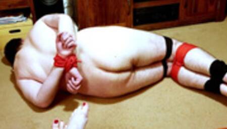 Naked Man tightly Bound and Gagged for six hours -BBW domination,BBW bondage,naked man tied up,bound and gagged man,amateur,male bondage,man in bondage,handjob,spanking,spanked,hogtie,hogtied,feet tickling,rope bondage,CBT,struggling,