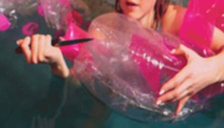 Alla jumps on an inflatable mattress in the pool and it loudly bursts and deflates and Alla completely destroys the mattress with a sharp object!!!