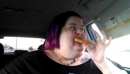 Eating in my car, stuffing fat belly