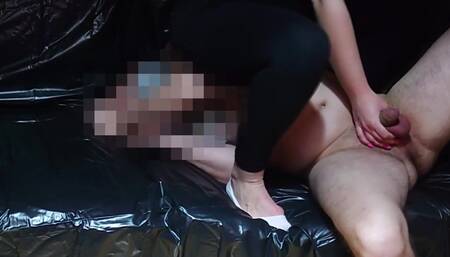 This time i had no mercy for my slave. I took his little cock out of his pants and tied it