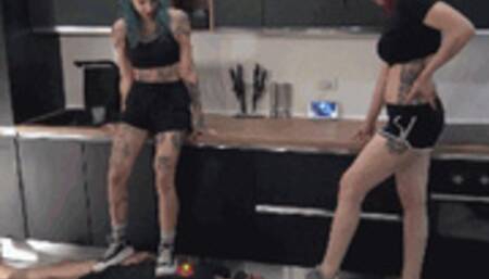 LILLI BAYLE & LADY MACBETH - BRUTAL trampling in sneakers, jumping, stomping, face trampling, sneakers worship, face sitting