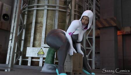 Spiderman's Gwen Stacy Rides Huge Green Goblin Style Dildo