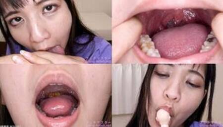 Rin Miyazaki - Showing inside cute girl's mouth, chewing gummy candys, sucking fingers, licking and sucking human doll, and chewing dried sardines mout-158