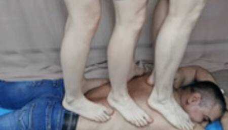 Triple back trampling by mature ladies (special video)