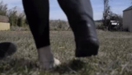 Barefoot in the backyard, watch from above and below, playing in the grass, milf feet, foot fetish