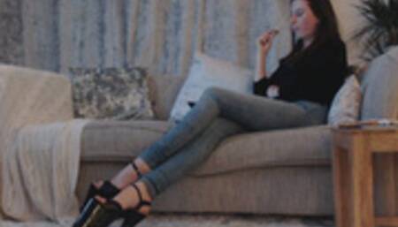 Human footstool relaxing 8 inch sandals (WMV)