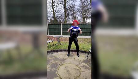 Satin Blouse and Tight Pvc Leggings Outdoors