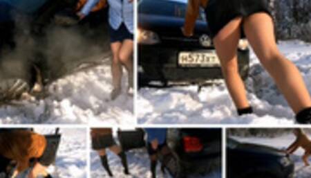 Two sexy girls in nylons got stuck hard in snow driving Polo GT