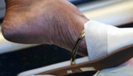 Candid business woman dangling elegant slippers, shoe fetish - 1080p