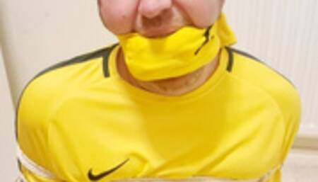Footballer tied up for over 7 hours 1 -BBW domination, BBW bondage,bound and gagged man,man tied up,amateur,male bondage,man in bondage,soccer kit,football kit,socks,rope bondage,gay bondage,