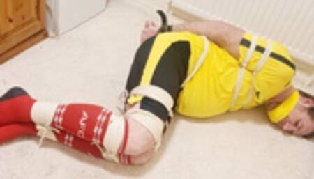 Preview of footballer tied up for over 7 hours 1 -BBW domination, BBW bondage,bound and gagged man,man tied up,amateur,male bondage,man in bondage,soccer kit,football kit,socks,rope bondage,gay bondage,