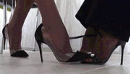 Tan brown nylons and high heels play footsie c