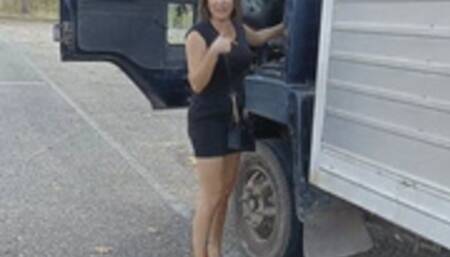 Katherine sexy truck driving and pedal pumping in red heels