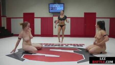 Lesbian wrestling MILF with big boobs is dominant over rival