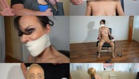 Black swann stocking chair tied and microfoam tape gagged