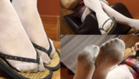 Mariela's JOINED CLIP Flips flops and dirty white pantyhose!