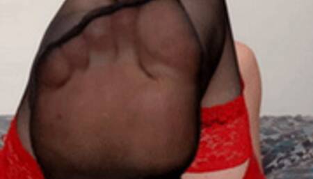 (334) My Legwear Collection 001: Red Lace Black Nylon Stockings (Mobile, MP4)