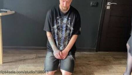 Kicking, face slapping, trampling and humiliation tied and collared slave