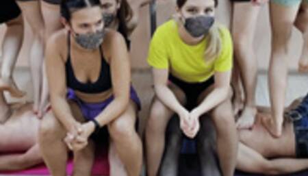 Jubilee multitrampling contest #50 (Part 2): double face sitting & trampling in sneakers & fatal throatstanding - losing consciousness and convulsing