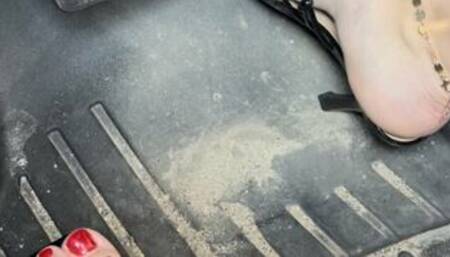 Driving Home from Work in Cute Black Sandals with Sexy Red Toes