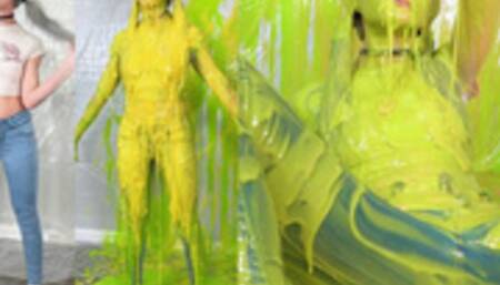 Misses Blasted with Slime in Jeans and White T-shirt