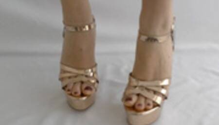 Walking in High Heels - Rose Gold Strappy Platform Stiletto Sandals