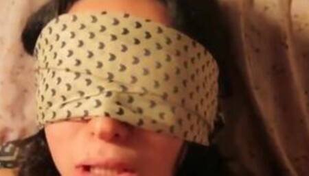 curly hair girl in blindfold sucks tip and takes big facial